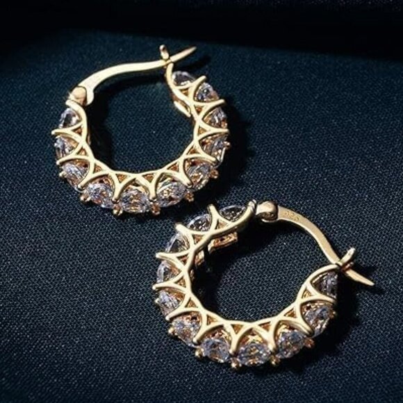 Women's 14K Gold Plated 925 Yellow Gold Cubic Zirconia Hoop Dainty Earrings - Picture 2 of 6